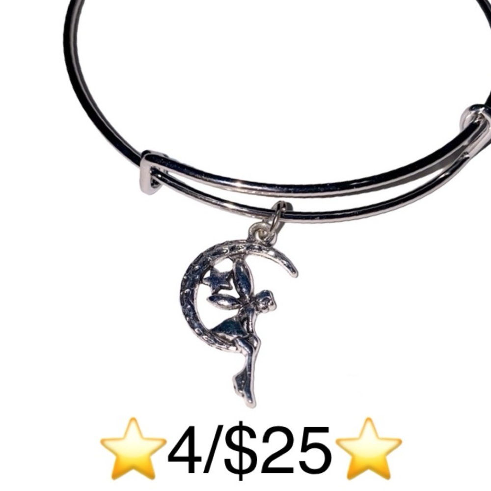 Fairy on Crescent Moon with Star Expandable Charm Bracelet Silver Tone Handmade